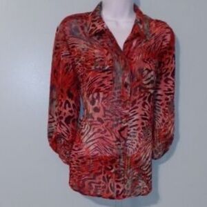 REBECCA MALONE Animal Print Red and Black Fold Up Sleeve Petite Large Festival